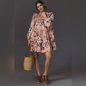 EUC Anthropologie Long Sleeve Floral Smocked Mini Dress Size S